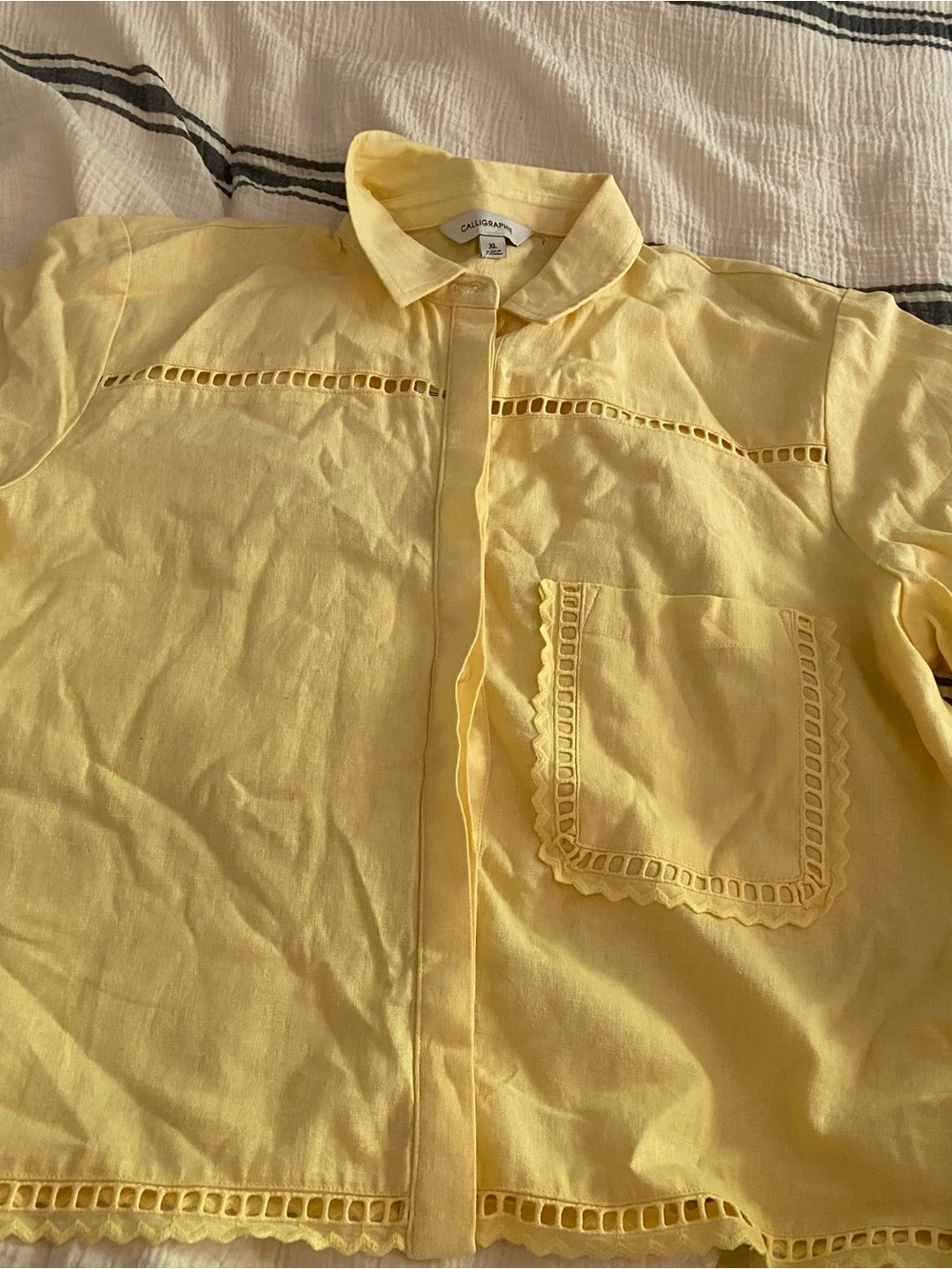 Yellow Eyelet Detail Button-Up Shirt 100% Linen